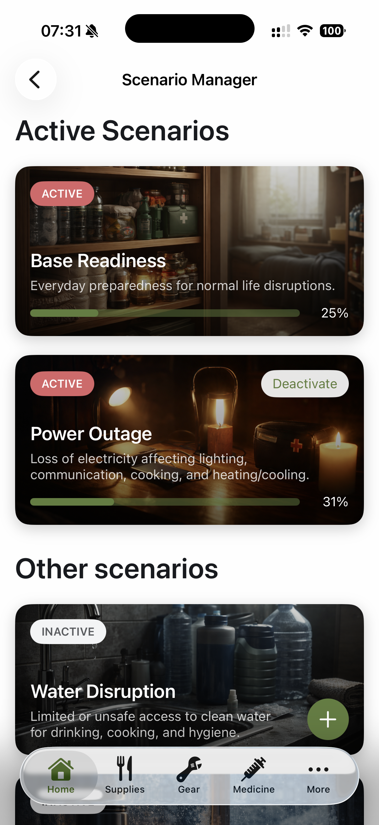 Sheltr scenarios screen